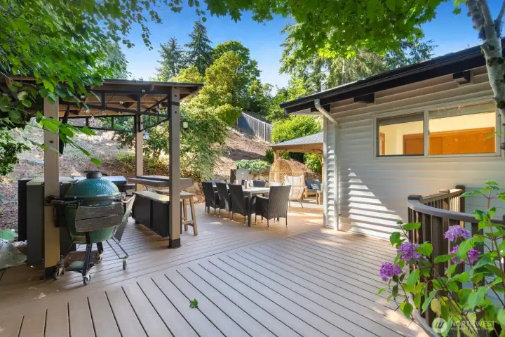 Moving outside, the low maintenance deck surrounds the house and is perfect for outdoor living and entertaining. Moving outside, the low maintenance deck surrounds the house and is perfect for outdoor living and entertaining.