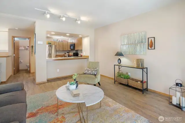 View of kitchen & half bath