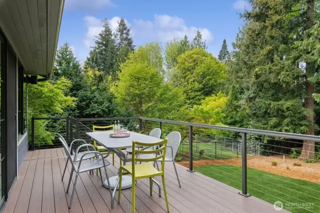 Composite west facing deck overlooks the yard