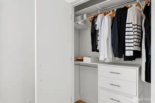 Multiple closets have organizer systems