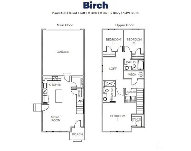 Birch plan offers open great room with island kitchen below, loft and private suite above. Pictures are for representational purposes only, colors and features may vary.