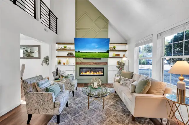 Cozy fireplace to gather round on chilly fall evenings.