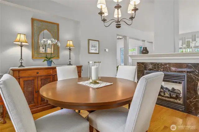 Dining room, adjacent to fireplace.