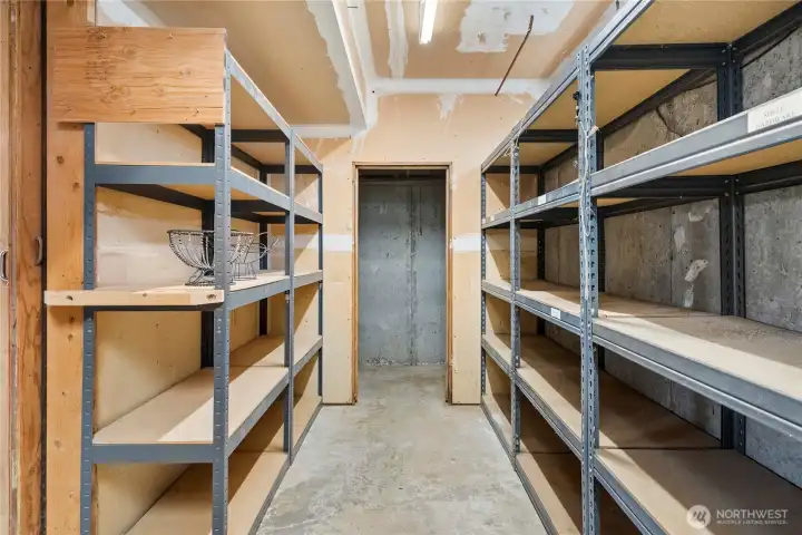 The back of the 2 car garage has plenty of shelving and storage. The opposite side even has a sink for washing up.