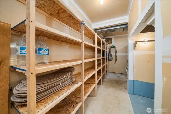 This is the mechanical room with storage beneath the stairwell, lot's of shelving, the furnace, the hot water heater and the built in vacuum system.