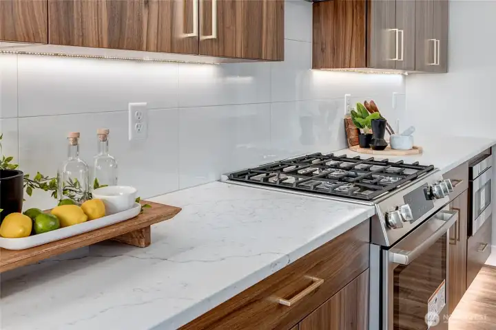 Stunning 3cm quartz throughout the home- full length backsplash! (model home lot 1A, colors may vary)