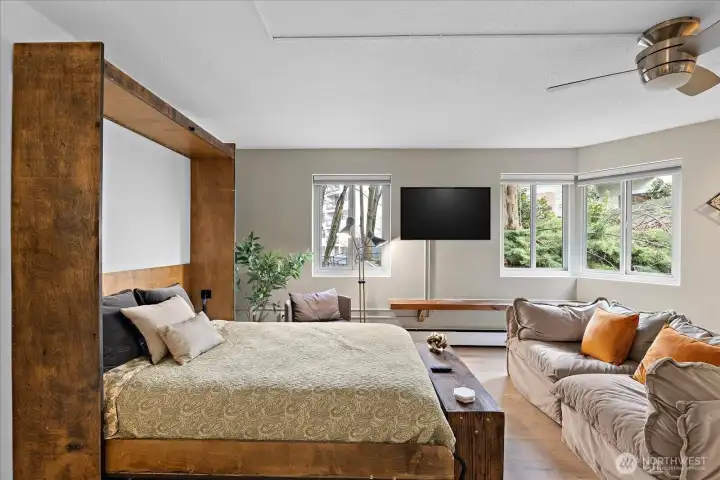 Murphy bed open to living area.  Digital TV is covering up the old wall mount and plug in.  Needs repair behind TV.