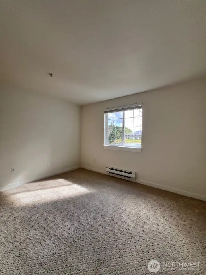 spacious guest bedroom with a view