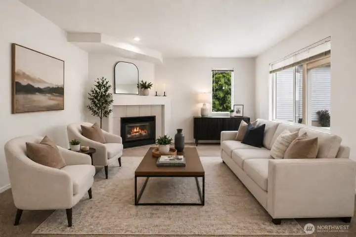 Virtual staging. Family room with fireplace.