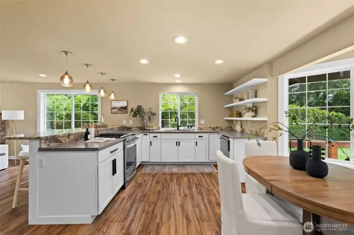 Designer natural veined countertops throughout the home