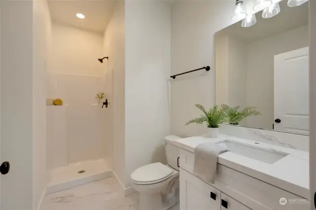 Lower Level bathroom has quartz counters, undermount sink, tile flooring and shower.