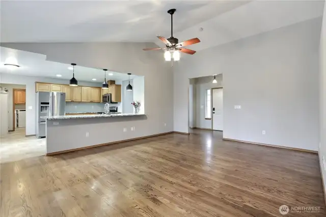 Large living room with vaulted ceilings.