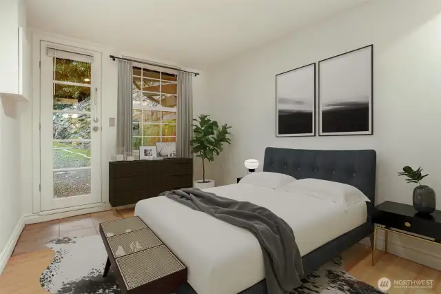 Cottage (North) home lower level bedroom with a separate entrance and alternating tread staircase.  Virtually staged photo.
