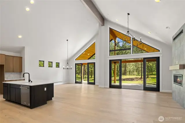 Soaring ceilings in greatroom and kitchen.