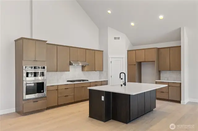 Gourmet kitchen with gas cooktop and stainless steel extraction hood.