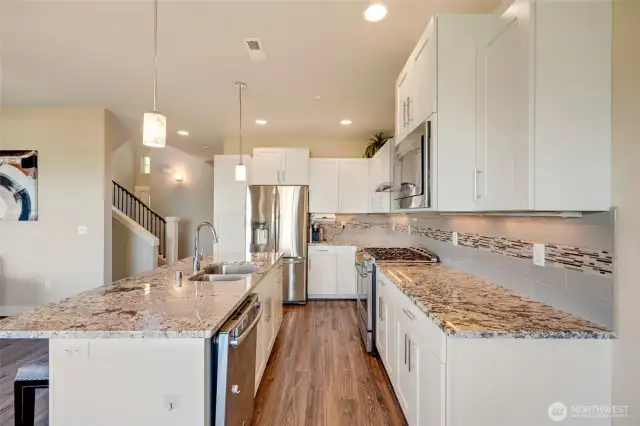 Pendant lighting adds a stylish touch to this chef’s kitchen.