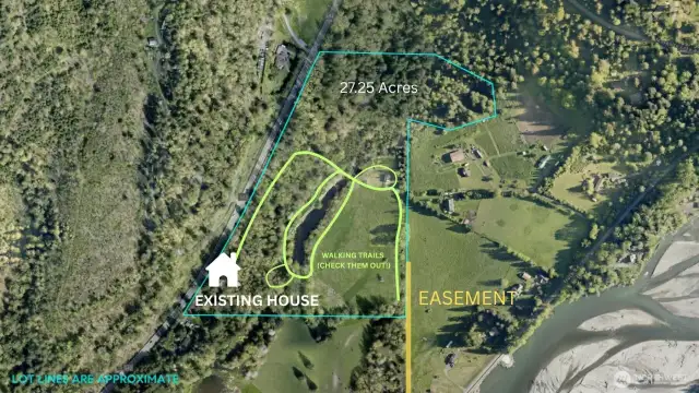 Map with estimated lot lines showing trail map and undeveloped recorded easement for future access of the lower portion of the acreage.