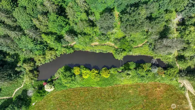 Kayak-able pond for recreating, hosts a gazebo and trail system around the perimeter.