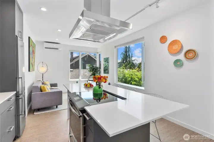 Quartz countertops, induction cooktop, and Bespoke Cabinets.