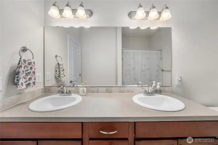 Full bathroom with dual-sink vanity, wood cabinetry, large mirror, and bright overhead lighting. Full bathroom with dual-sink vanity, wood cabinetry, large mirror, and bright overhead lighting.