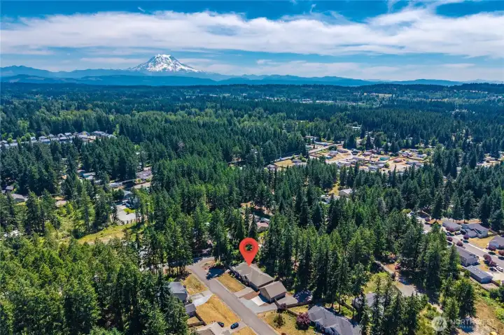 Aerial neighborhood view highlighting the home’s peaceful setting among mature evergreens with Mount Rainier in the distance. Aerial neighborhood view highlighting the home’s peaceful setting among mature evergreens with Mount Rainier in the distance.
