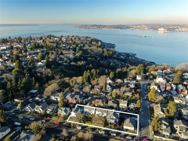 Drone photo with parcel in relationship to Elliot Bay and Downtown Seattle