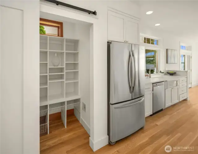 Large pantry with stylish barn door.