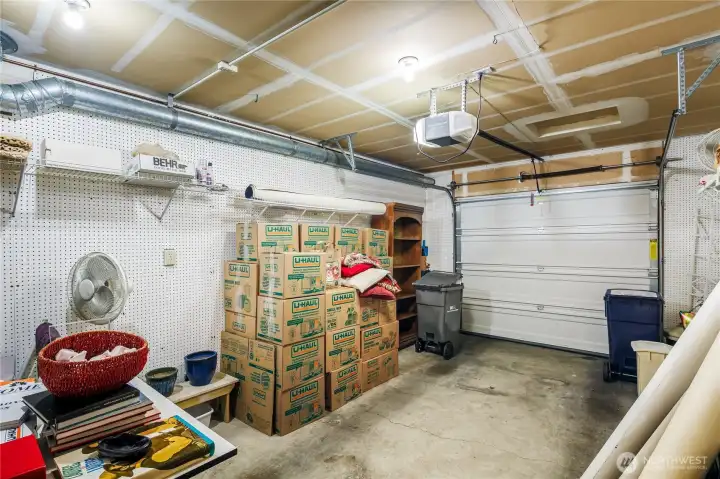 Large garage with storage space.