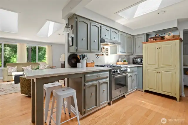 Tastefully designed kitchen. The skylight over the kitchen adds plenty of sunlight! Custom painted hardwood cabinet doors.