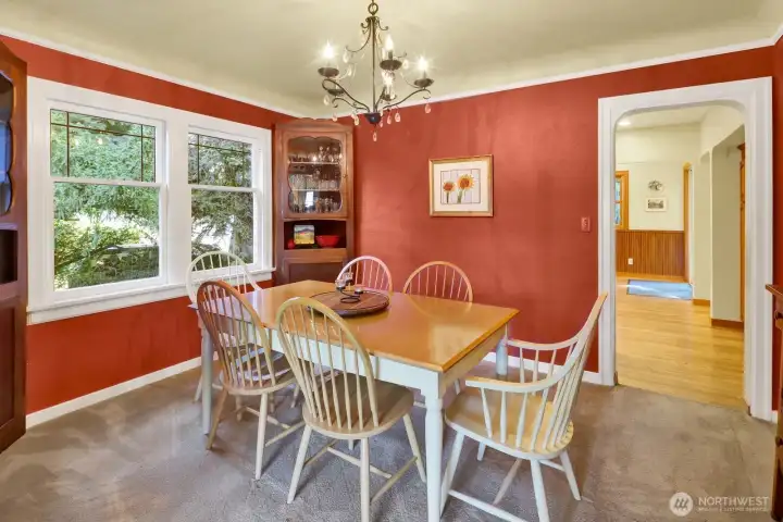 Formal dining room with original built-in cabinets