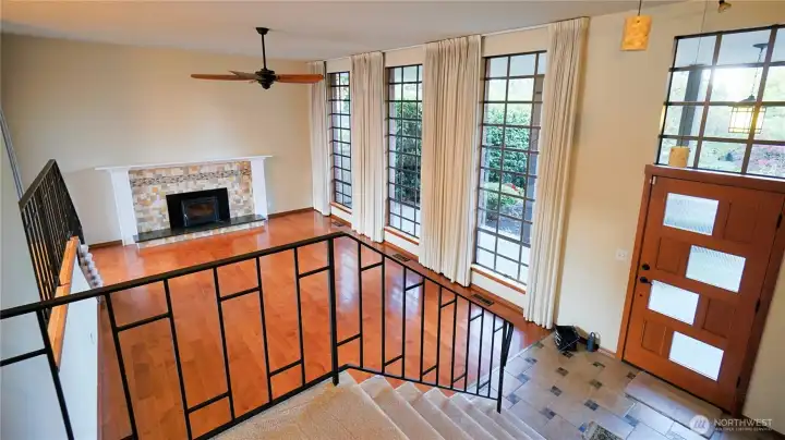 View from the top of the wide staircase leading from the front door.