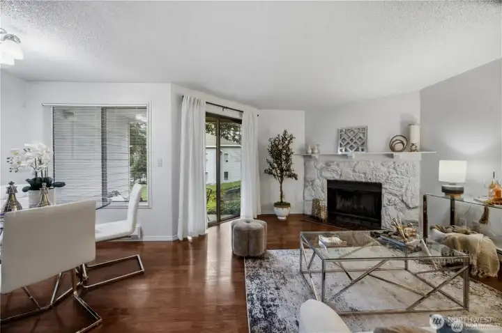 dining room and living room with sliding door to patio. North facing.