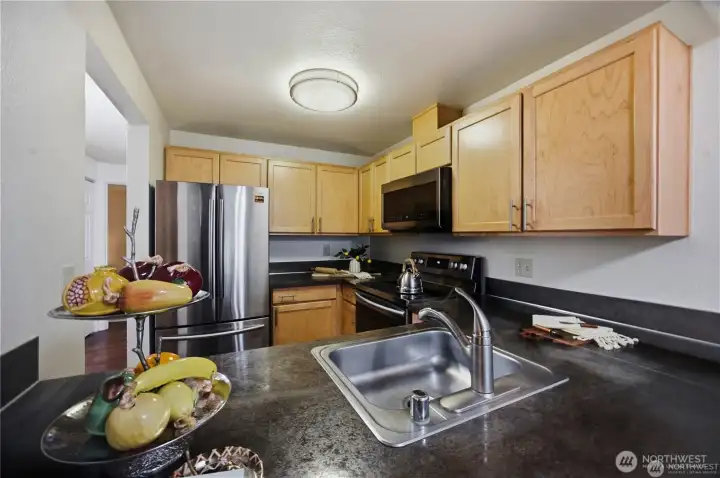 Kitchen looking from dining room. Stainless steel applicances