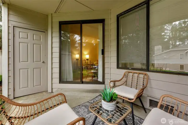 Patio with storage closet lookiing south