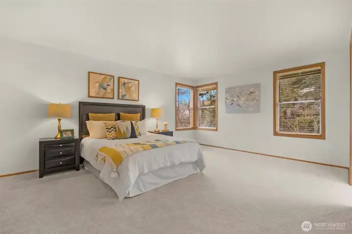 Spacious primary suite with plush new carpet and new paint