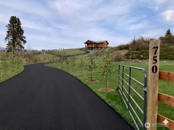 Artist rendering of what a potential home built where current building pad is located could look like with blacktopped drive