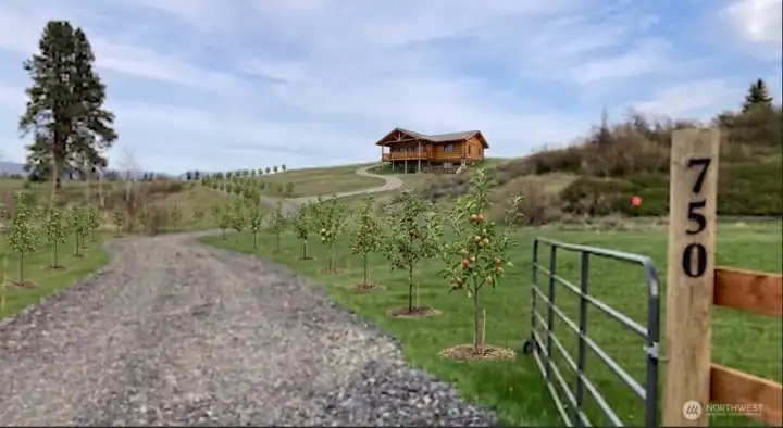 Artist rendering of what a potential home built where current building pad is now located could look like with gravel driveway to building site. Gravel drive is already in place