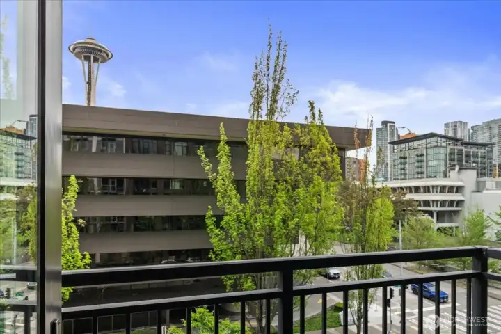 Your very own spacious balcony with city and Space Needle Views.