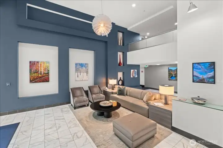 Sleek lobby with rotating art from local artists!