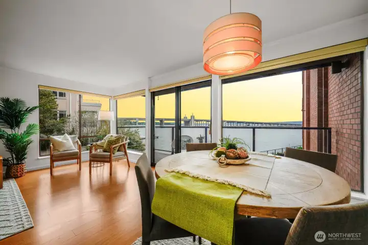 Dining area with water view.