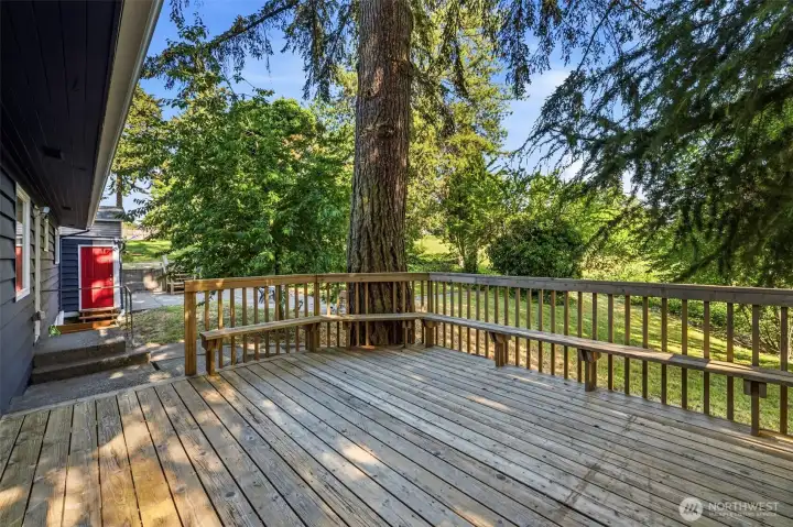 Nice covered back deck with mature trees for enjoyment in our upcoming peak summer season.