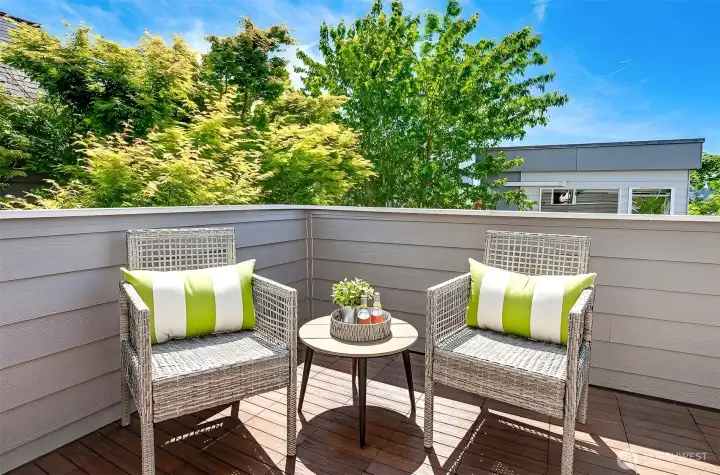 Up in the tree tops, your own deck off the Primary, perfect sunny spot for a little peace & quiet.
