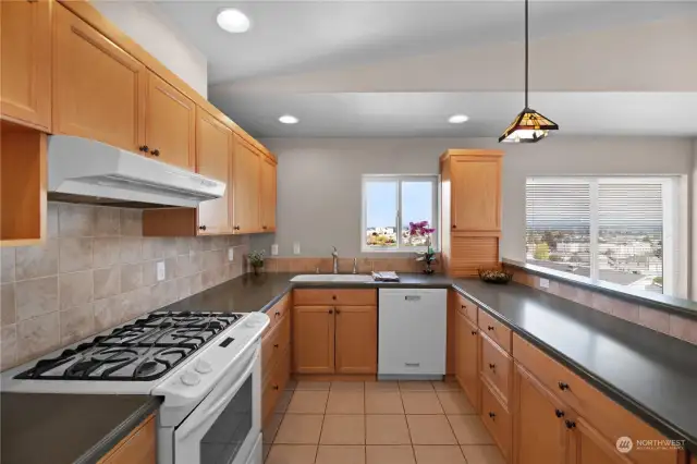 Expansive kitchen space with quartz counter tops, gas cooktop, full backsplash, lots of storage and pull-outs. There is also a pantry for additional storage.