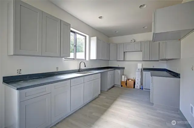 Spacious kitchen with lots of counter space and features gorgeous quartz counters.