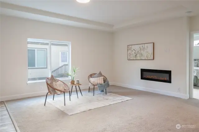 Spacious living room, with high ceilings and electric fireplace