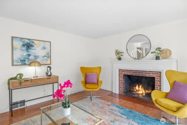 Warm wood-burning fireplace.