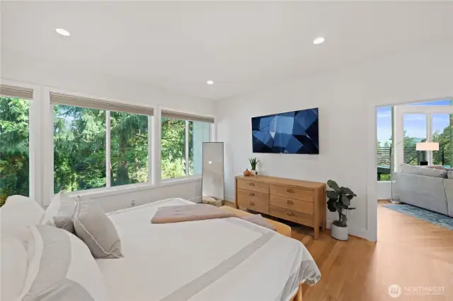 This is the 2nd primary suite, located adjacent to the living room. With a huge attached bathroom, large walk-in closet and exterior entrance, this is an excellent option for multi-generational living!