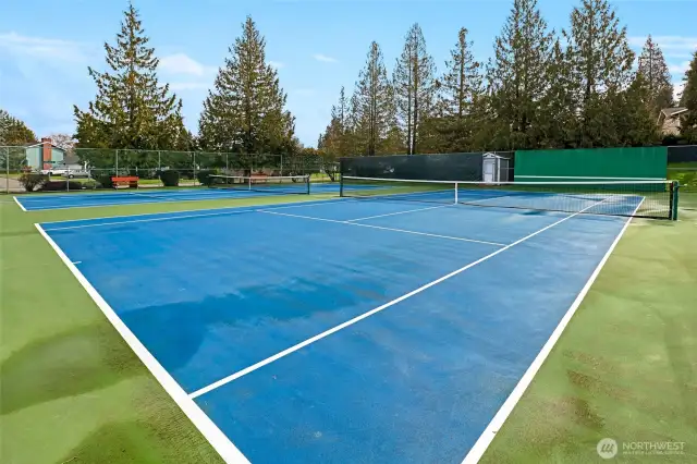 The private park has tennis and pickleball courts along with a playground and covered area.