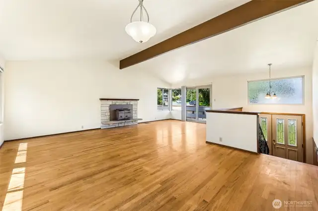 Living room with wood burning fireplace!