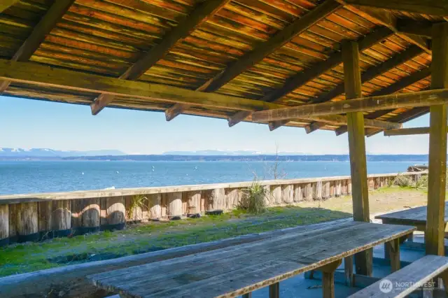 Covered outdoor dining area at the Camano Country Club.